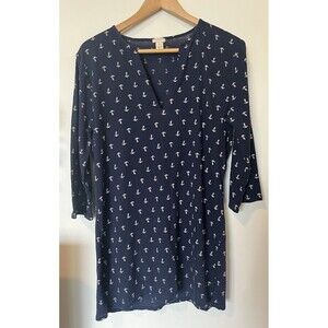 J Crew Navy Anchor Print V Neck Long Tunic Top Size Medium